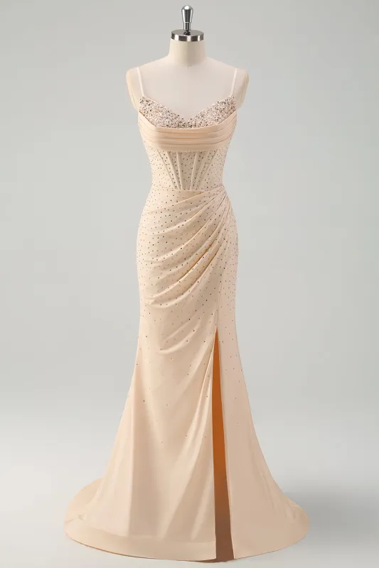 Sparkly Yellow Mermaid Spaghetti Straps Ruched Prom Dress With Slit made by Wedtrend