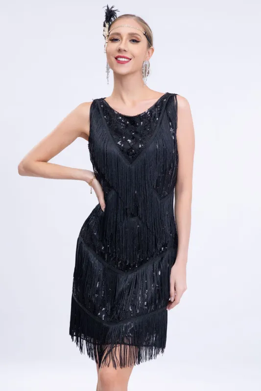 Black Sleeveless Sequins Fringes Flapper Gatsby Dress sold by Wedtrend