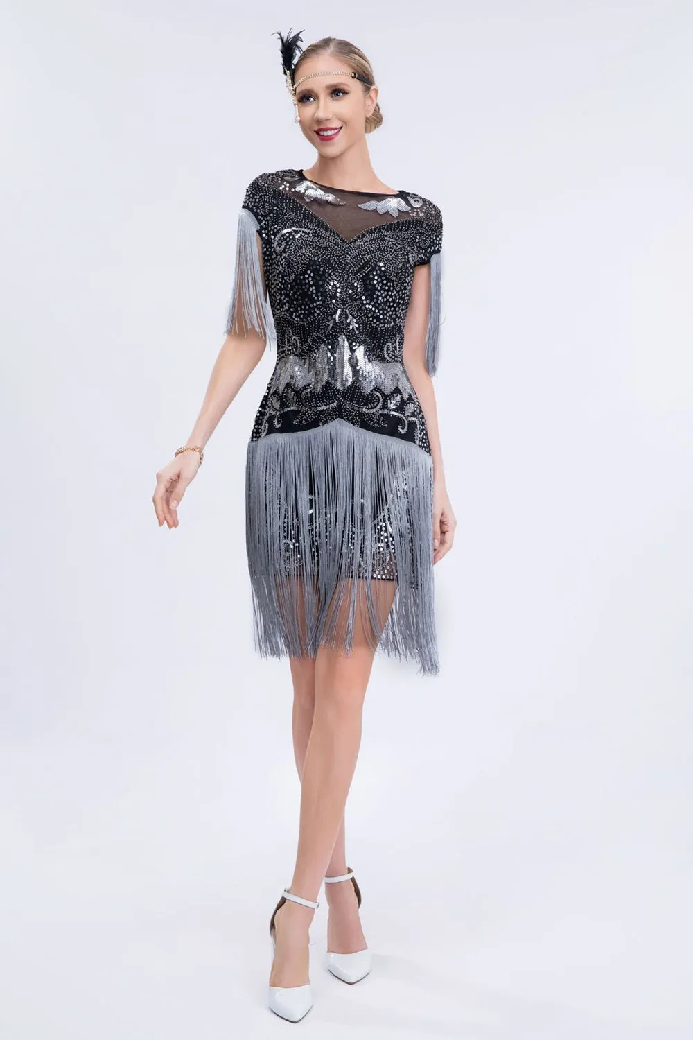 Grey Short Sleeves Sequins Fringed Flapper Gatsby Dress sold by Wedtrend product image thumbnail 2