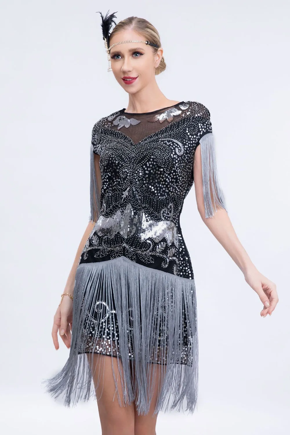 Grey Short Sleeves Sequins Fringed Flapper Gatsby Dress sold by Wedtrend