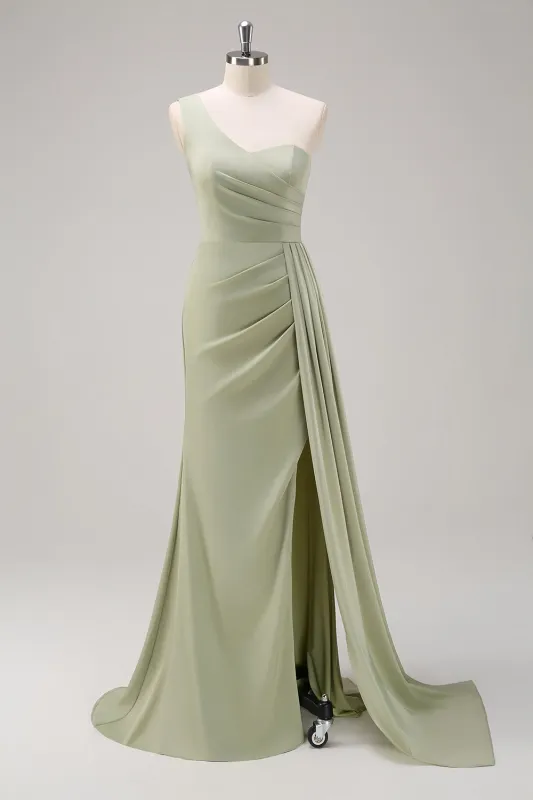 Sage Mermaid One Shoulder Ruched Side Overskirt Long Bridesmaid Dress With Slit made by Wedtrend