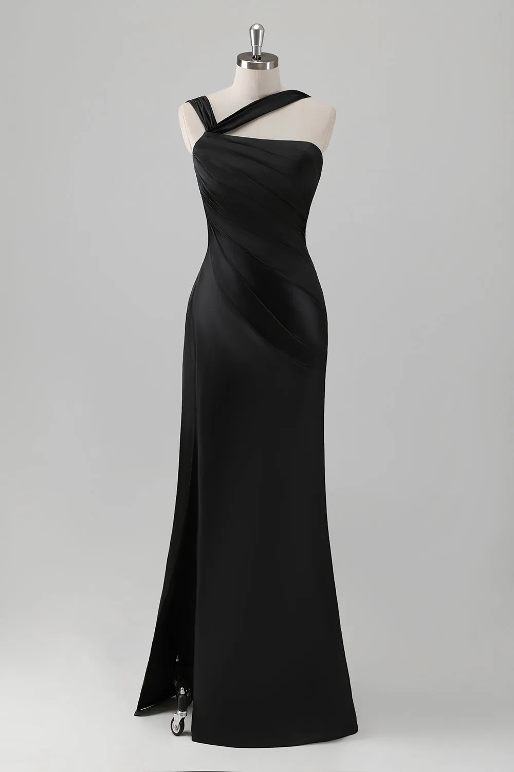 Black Mermaid Pleated Satin Floor Length Bridesmaid Dress with Slit sold by Wedtrend
