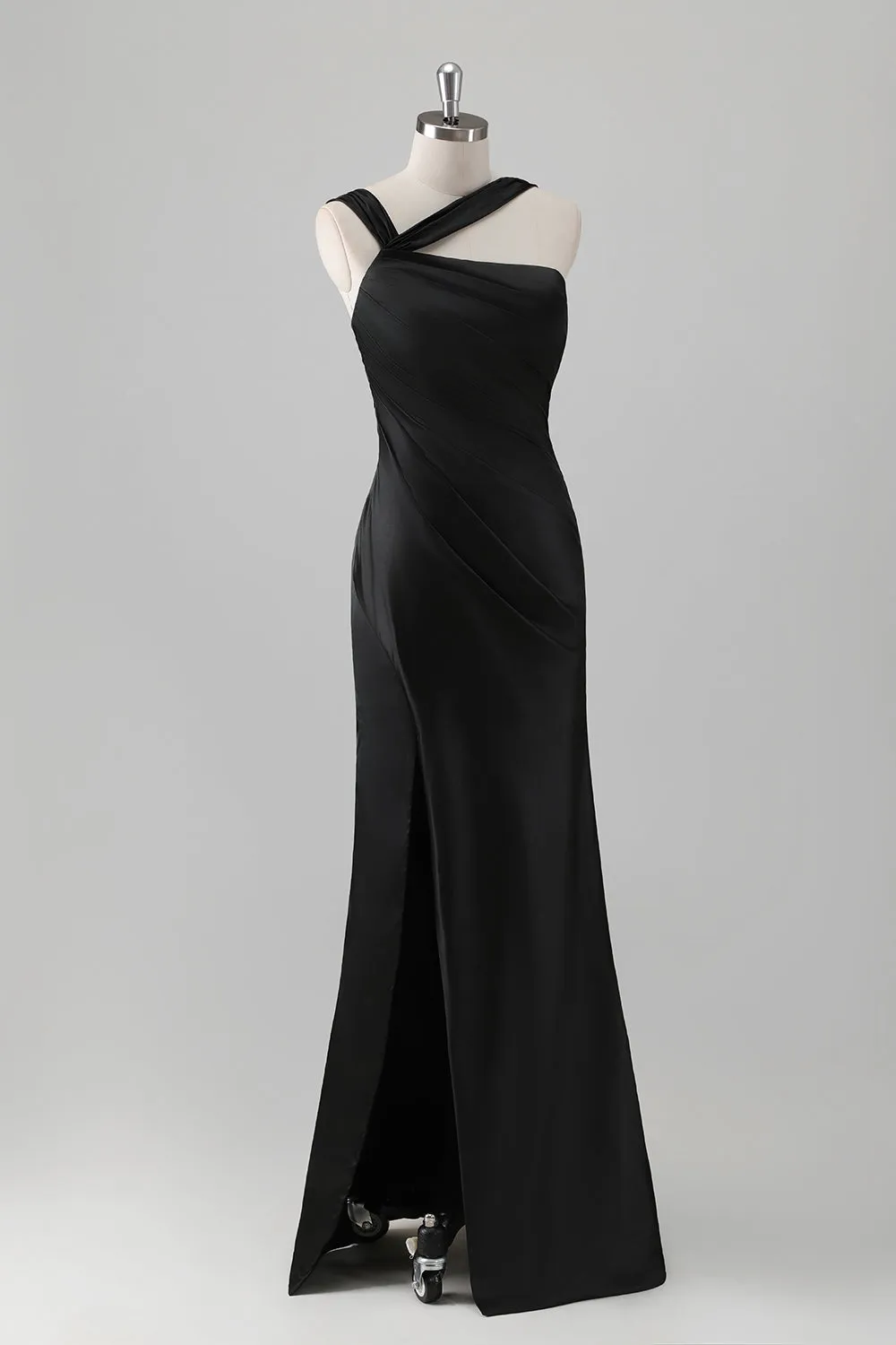 Black Mermaid Pleated Satin Floor Length Bridesmaid Dress with Slit sold by Wedtrend product image thumbnail 3