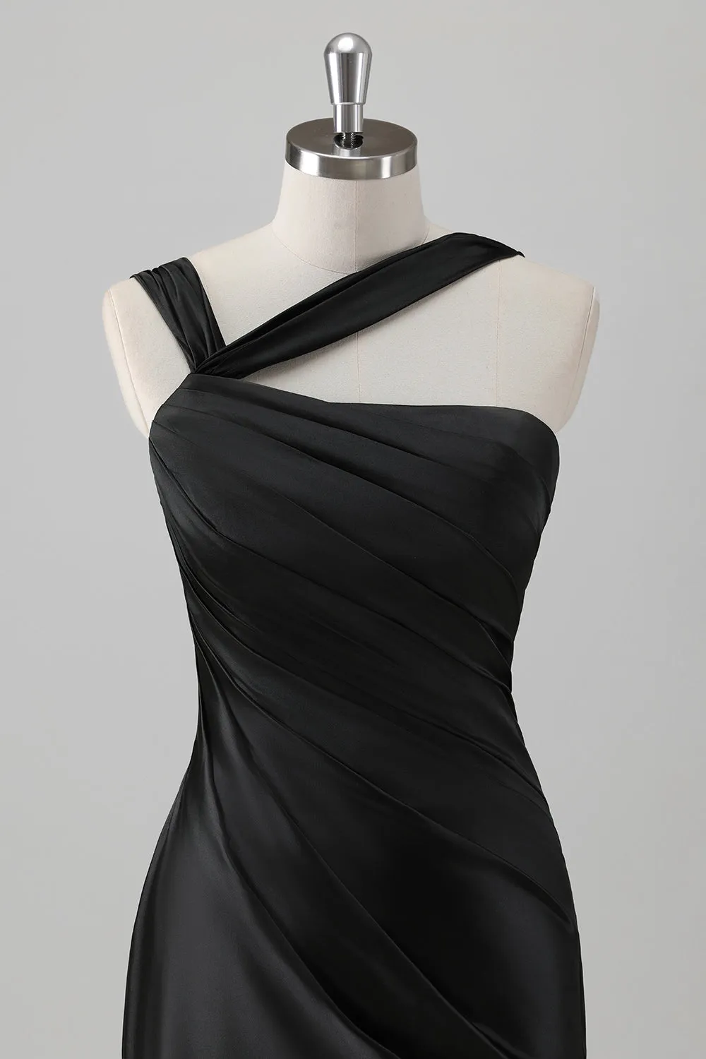 Black Mermaid Pleated Satin Floor Length Bridesmaid Dress with Slit sold by Wedtrend product image thumbnail 4