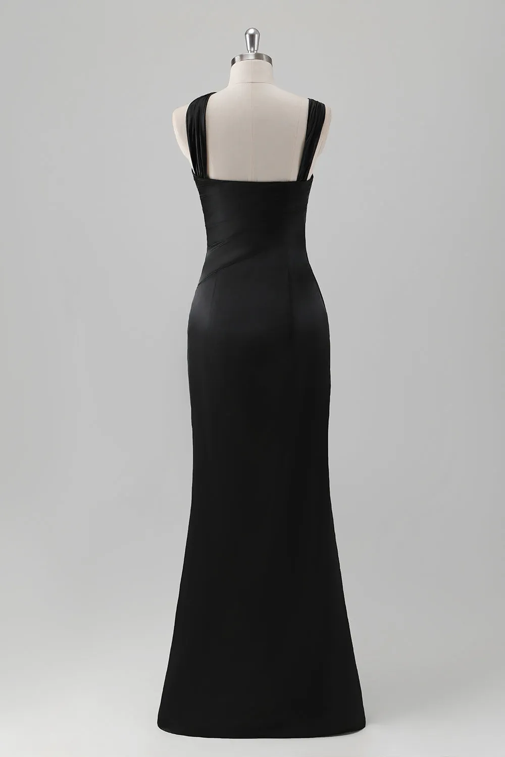 Black Mermaid Pleated Satin Floor Length Bridesmaid Dress with Slit sold by Wedtrend product image thumbnail 2