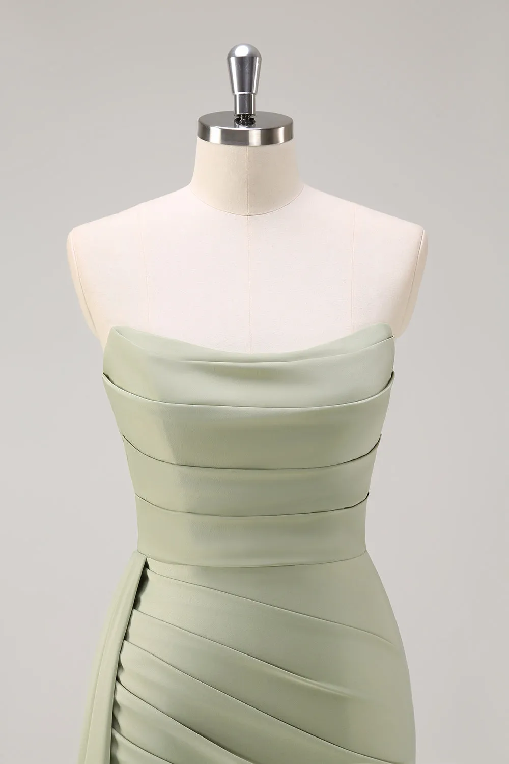 Sage Mermaid Strapless Ruched Side Overskirt Bridesmaid Dress with Slit sold by Wedtrend product image thumbnail 4