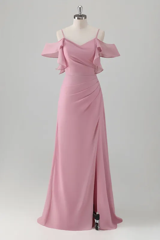 Pink A Line Cold Shoulder Ruched Long Bridesmaid Dress with Slit made by Wedtrend