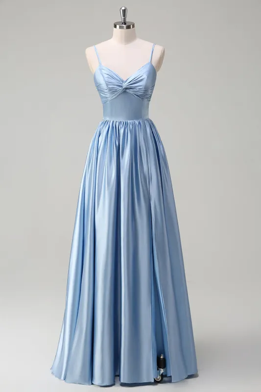 Sky Blue A Line Spaghetti Straps Ruched Long Bridesmaid Dress with Slit sold by Wedtrend