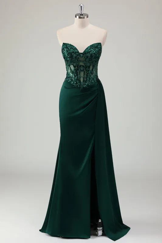 Glitter Dark Green Mermaid Strapless Pleated Corset Long Prom Dress with Slit made by Wedtrend