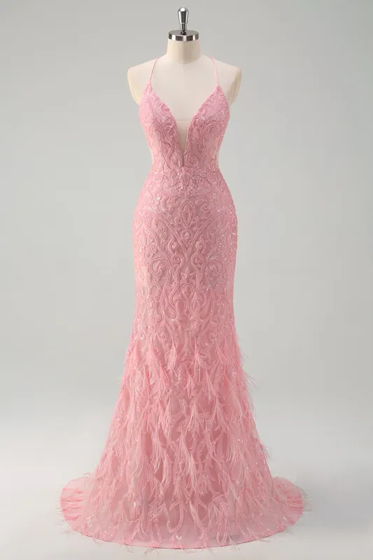 Sparkly Pink Mermaid Halter Long Prom Dress With Feather made by Wedtrend