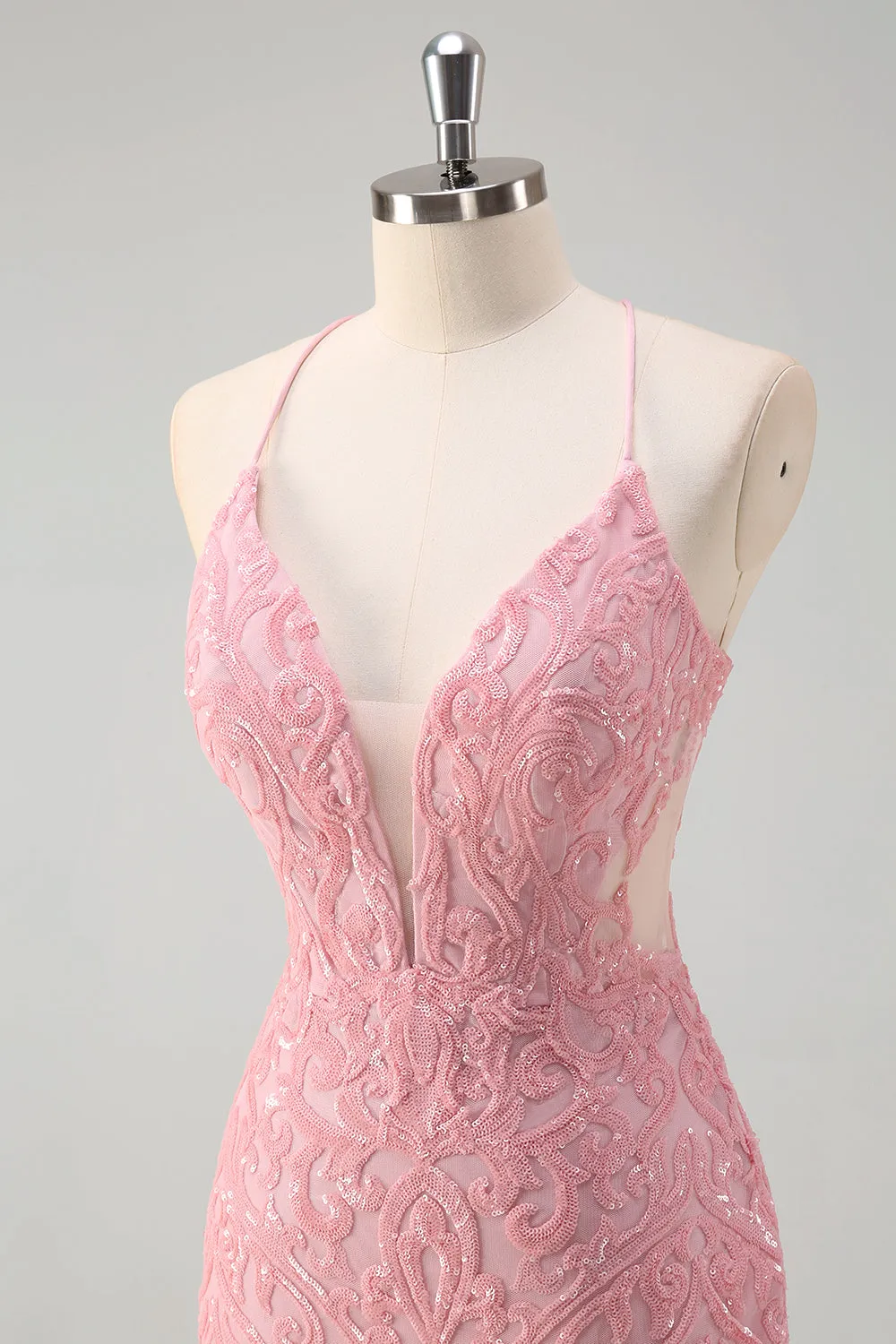Sparkly Pink Mermaid Halter Long Prom Dress With Feather sold by Wedtrend product image thumbnail 5