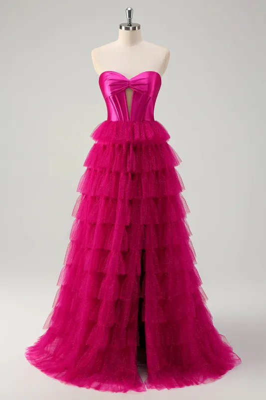 Fuchsia A Line Strapless Keyhole Tiered Corset Long Prom Dress with Slit sold by Wedtrend