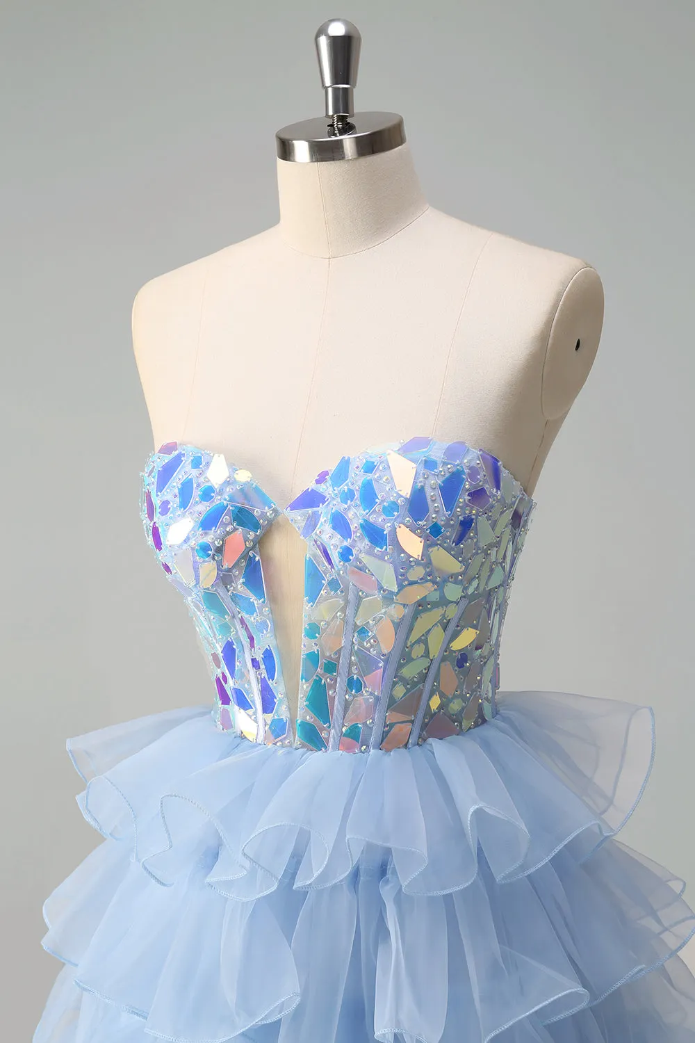 Sparkly Blue A Line Sweetheart Keyhole Tiered Corset Mirror Prom Dress With Sequins sold by Wedtrend product image thumbnail 5