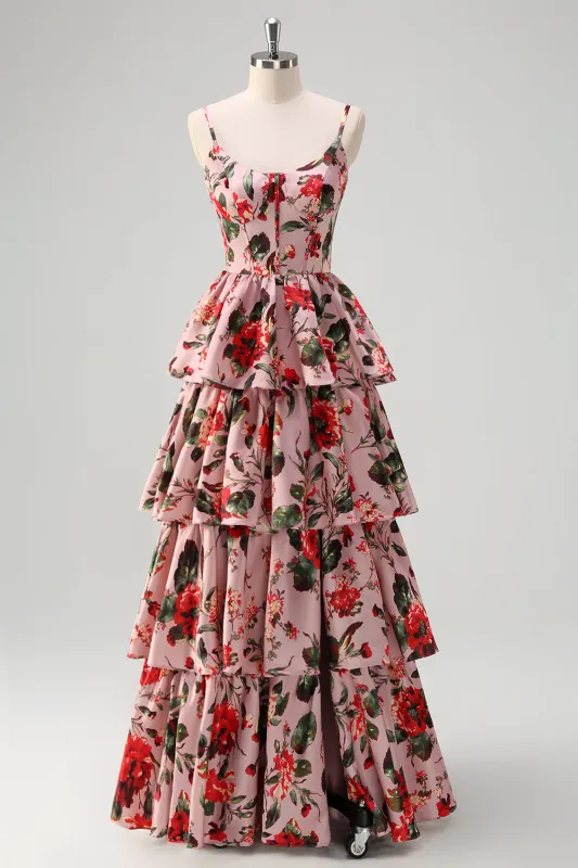Floral Grey Pink A Line Spaghetti Straps Tiered Corset Prom Dress with Slit made by Wedtrend