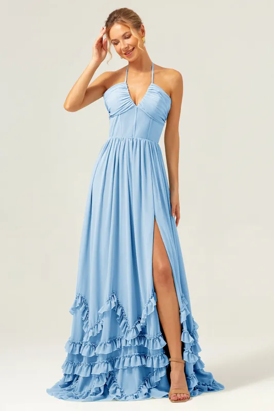 A Line Halter Lace Up Back Chiffon Long Bridesmaid Dress with Slit made by Wedtrend