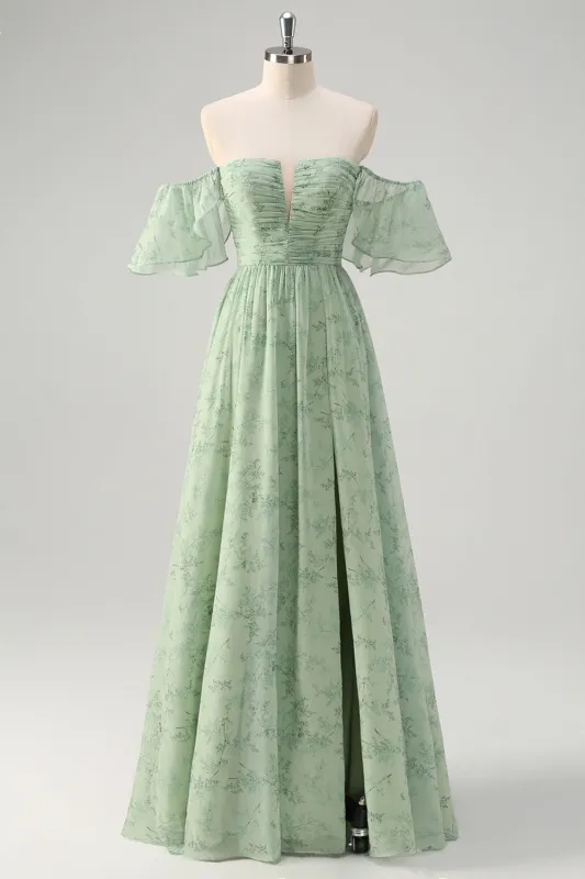 Dusty Sage A-Line Off The Shoulder Pleated Long Bridesmaid Dress with Slit made by Wedtrend