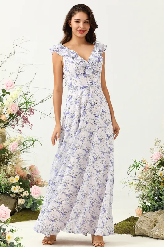 Purple Flower A Line V Neck Chiffon Plus Size Bridesmaid Dress sold by Wedtrend