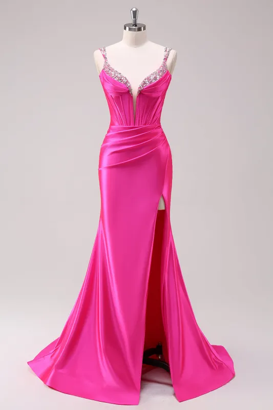 Glitter Fuchsia Mermaid Spaghetti Straps Pleated Corset Long Prom Dress With Slit made by Wedtrend