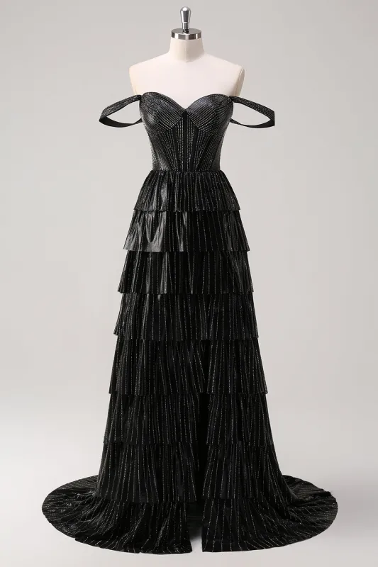 Black Silver A Line Off The Shoulder Tiered Long Prom Dress With Beading made by Wedtrend