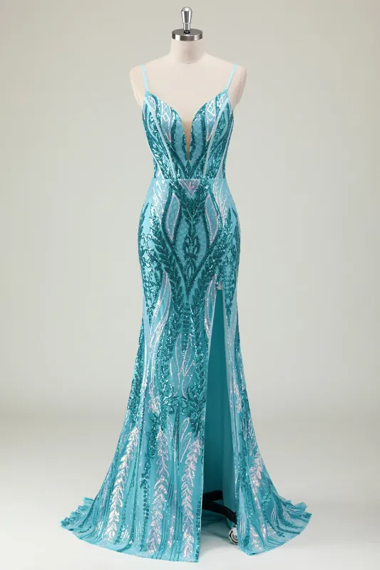 Sparkly Blue Mermaid Spaghetti Straps Corset  Sequins Long Prom Dress With Slit made by Wedtrend