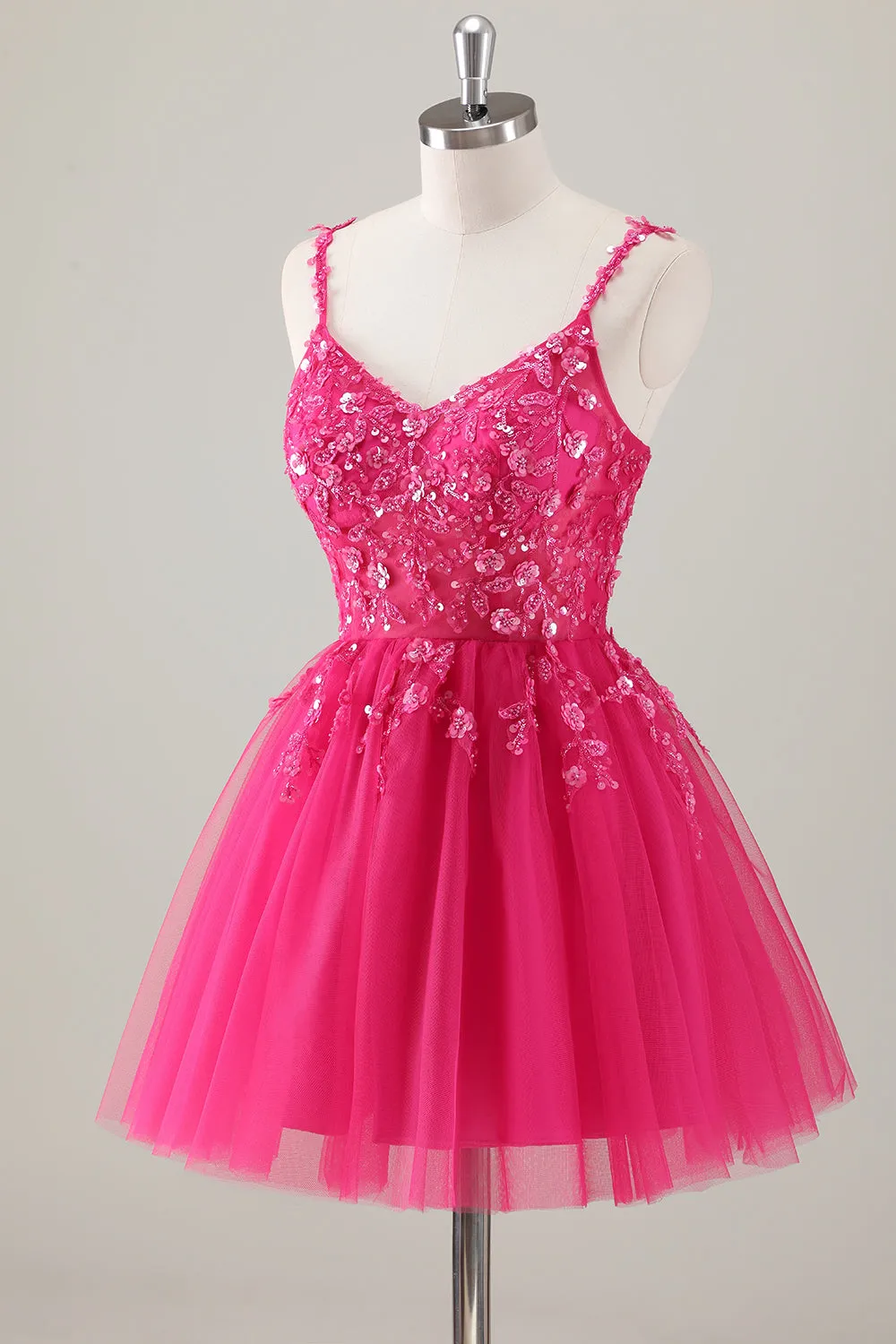 Fuchsia A Line Spaghetti Straps Short Prom Dress Pleated with Sequins Appliqued sold by Wedtrend product image thumbnail 3