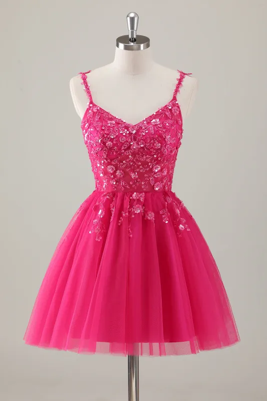 Fuchsia A Line Spaghetti Straps Short Prom Dress Pleated with Sequins Appliqued made by Wedtrend