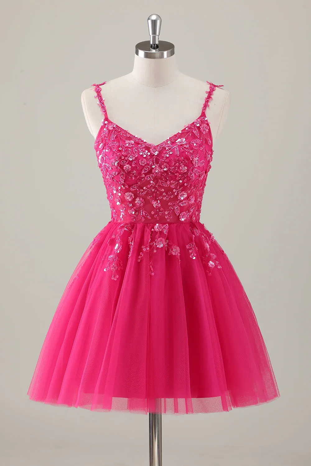 Fuchsia A Line Spaghetti Straps Short Prom Dress Pleated with Sequins Appliqued sold by Wedtrend