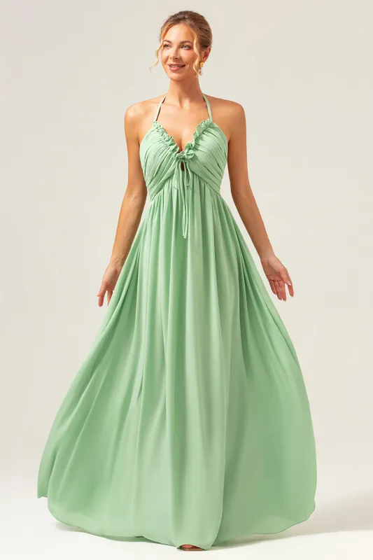 A-Line Halter Backless Long Light Green Bridesmaid Dress with Lace Up Back sold by Wedtrend