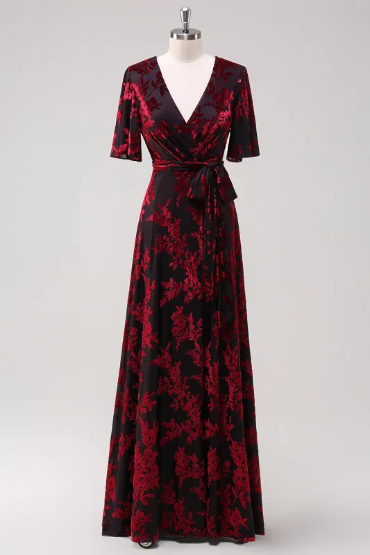 Burgundy Burnout Velvet A-Line V Neck Maxi Dress with Short Sleeves made by Wedtrend