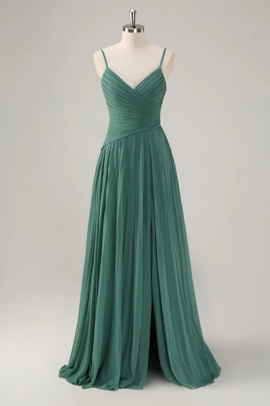 A Line Spaghetti Straps Pleated Long Eucalyptus Bridesmaid Dress with Slit sold by Wedtrend