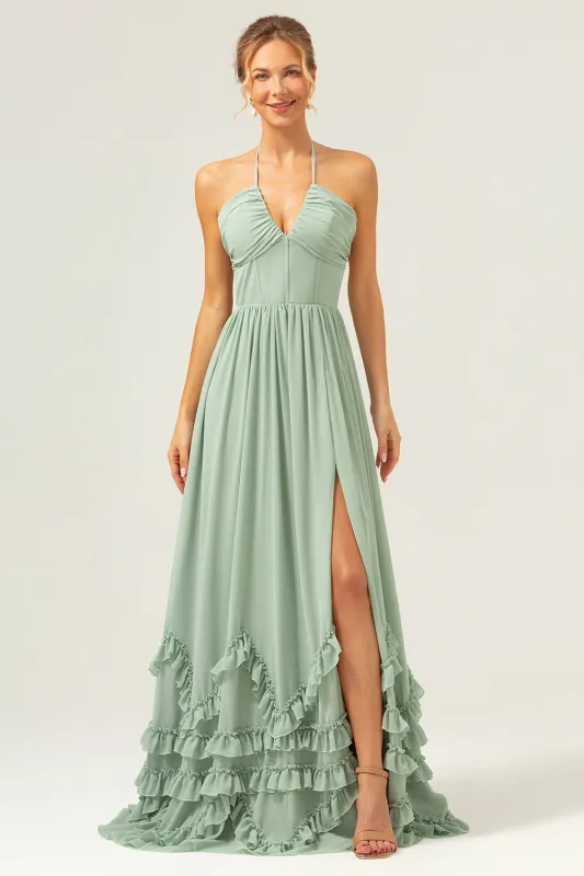 Dusty Sage A Line Halter Ruched Chiffon Long Bridesmaid Dress with Slit sold by Wedtrend