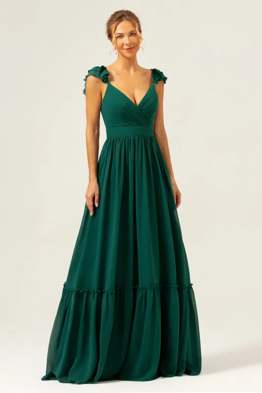 Dark Green A Line Off The Shoulder Chiffon Ruched Long Bridesmaid Dress sold by Wedtrend