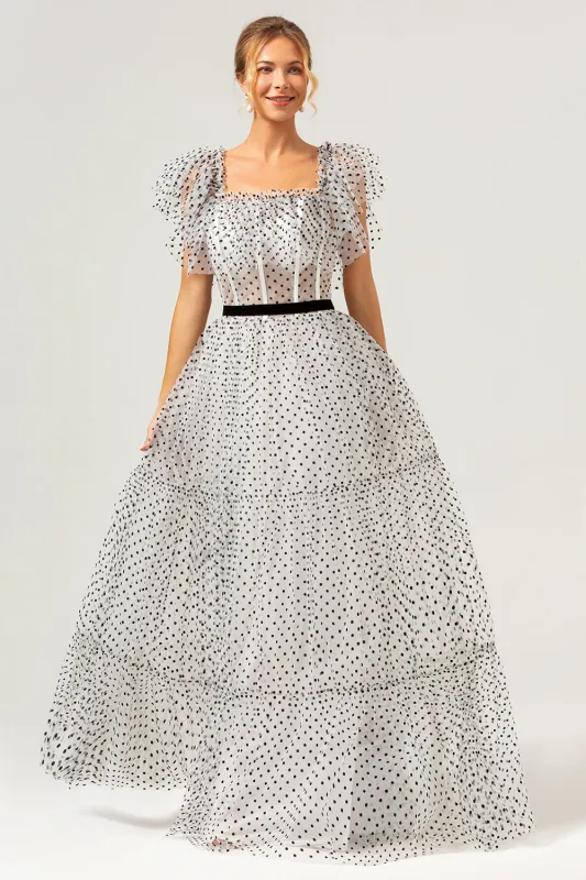 White Black Dot A Line Off The Shoulder Corset Long Prom Dress made by Wedtrend