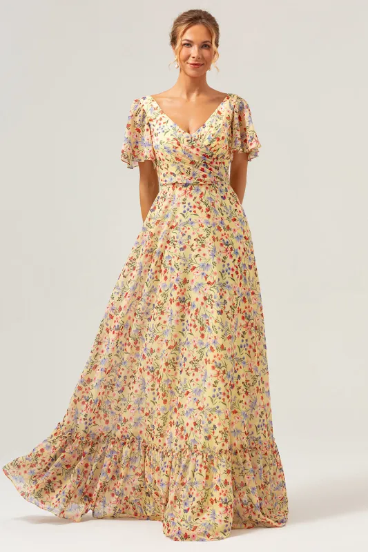 Yellow Flower Printed A-Line Chiffon Long Bridesmaid Dress with Short Sleeves sold by Wedtrend