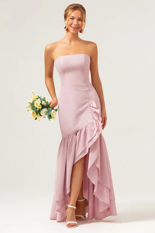 Pink Mermaid Strapless Asymmetrical Bridesmaid Dress with Ruffle Slit made by Wedtrend
