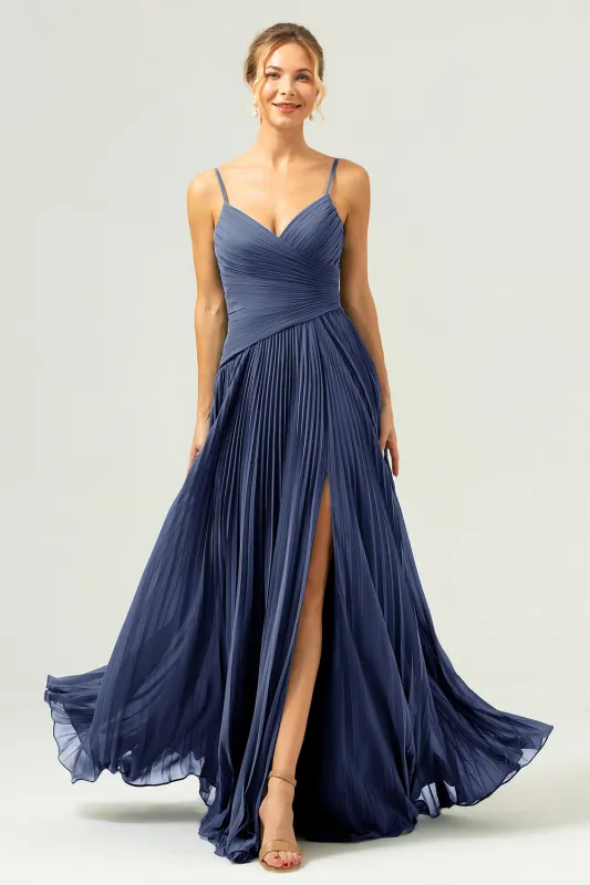 Dark Navy A Line Spaghetti Straps Pleated Long Bridesmaid Dress with Slit made by Wedtrend