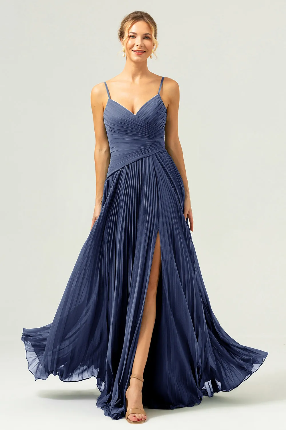 Dark Navy A Line Spaghetti Straps Pleated Long Bridesmaid Dress with Slit sold by Wedtrend