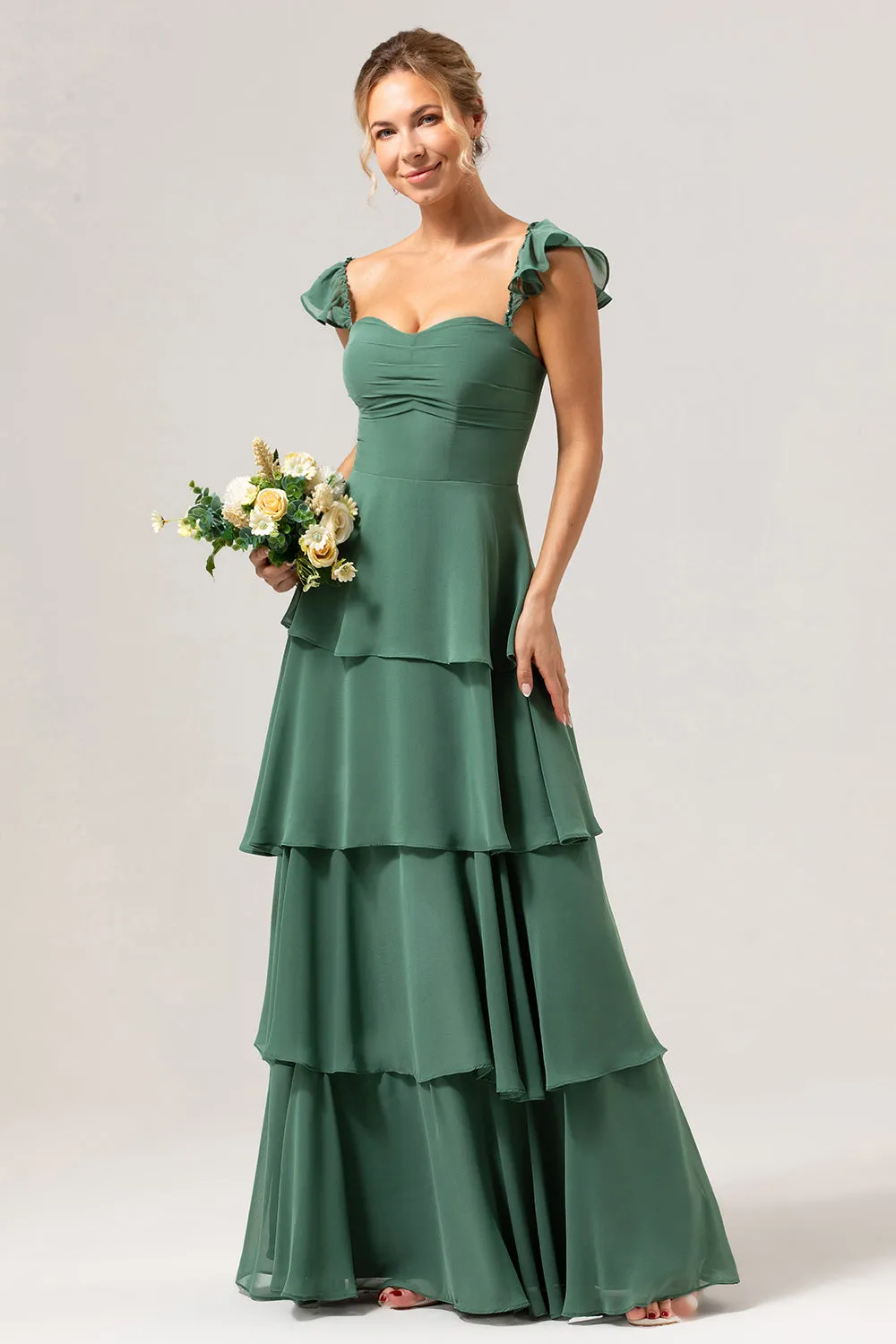 Eucalyptus A Line Off The Shoulder Tiered Long Bridesmaid Dress sold by Wedtrend product image thumbnail 3