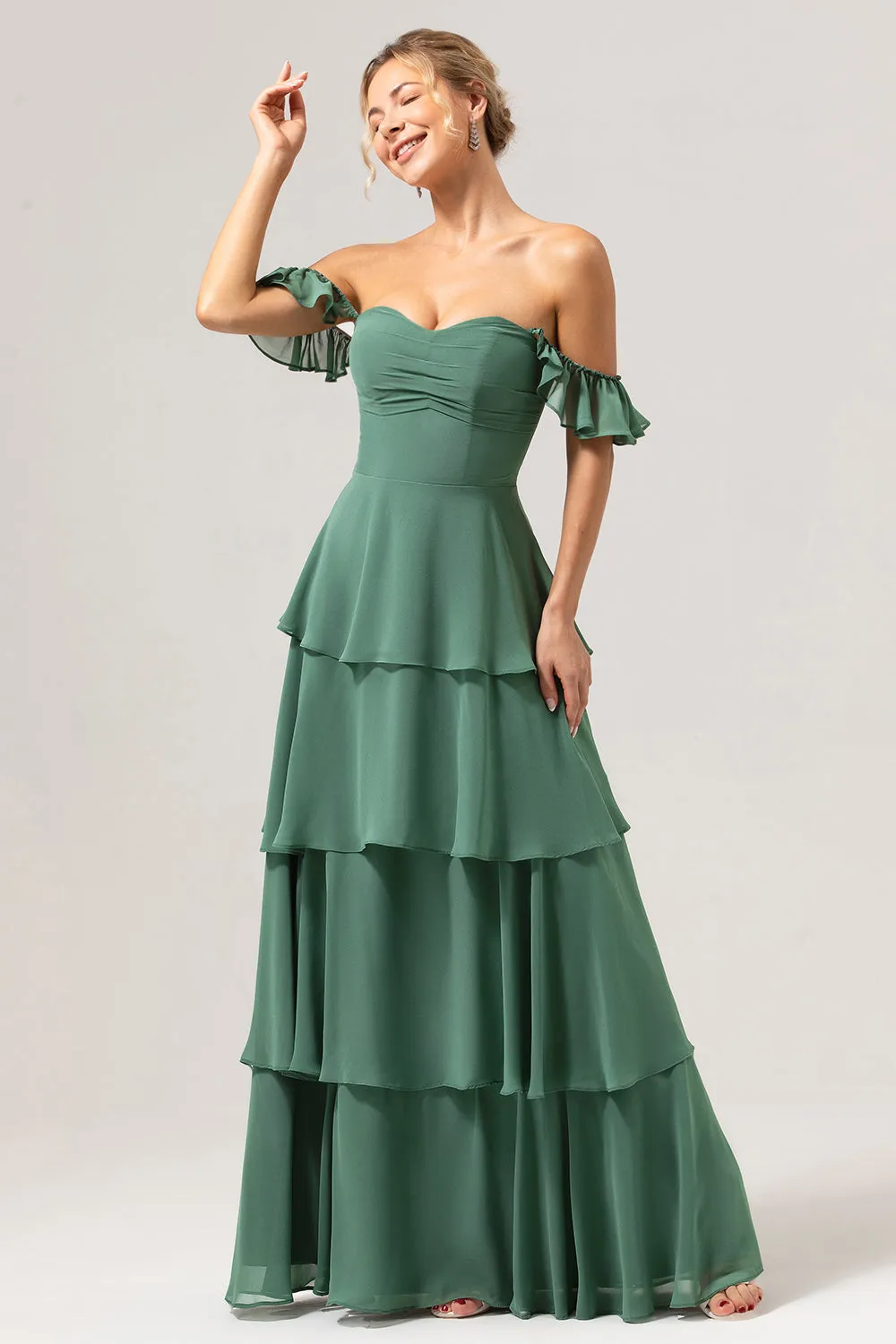 Eucalyptus A Line Off The Shoulder Tiered Long Bridesmaid Dress sold by Wedtrend product image thumbnail 5