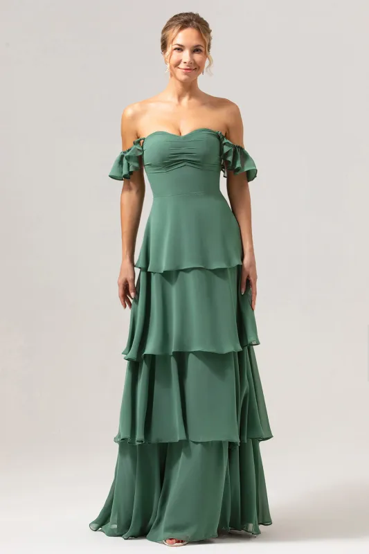 Eucalyptus A Line Off The Shoulder Tiered Long Bridesmaid Dress made by Wedtrend