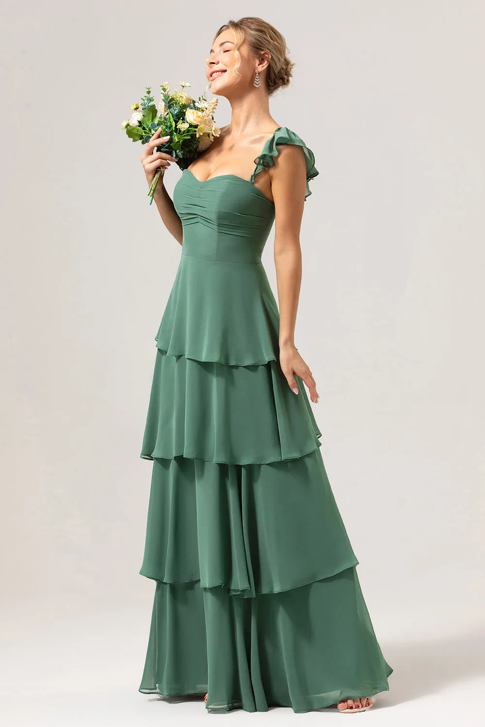 Eucalyptus A Line Off The Shoulder Tiered Long Bridesmaid Dress sold by Wedtrend product image thumbnail 4