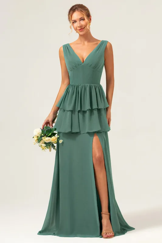 Eucalyptus A Line V Neck Tiered Long Bridesmaid Dress with Ruffles sold by Wedtrend