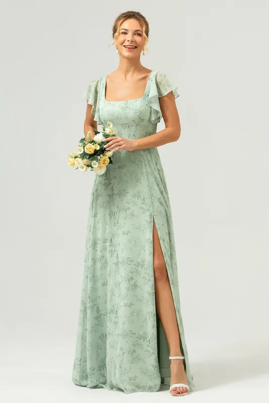 Dusty Sage A Line Square Neck Print Floor Length Bridesmaid Dress with Slit made by Wedtrend