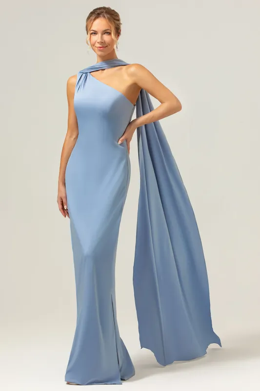 Dusty Blue Sheath One-Shoulder Convertible Satin Bridesmaid Dress with Streamer made by Wedtrend