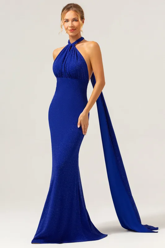 Glitter Royal Blue Mermaid Halter Corset Backless Long Formal Dress made by Wedtrend