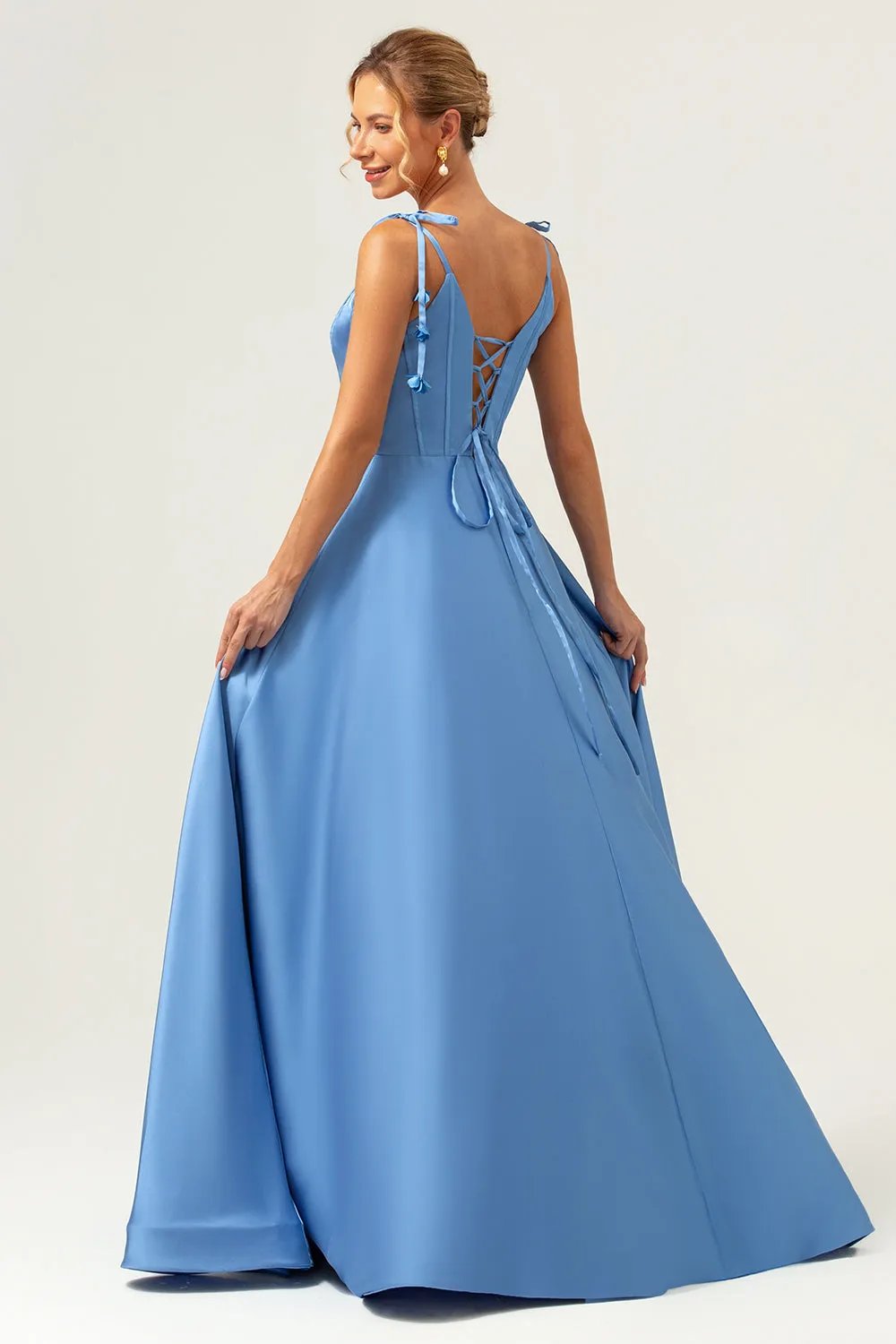 A Line Spaghetti Straps Corset Lace Up Back Long Blue Bridesmaid Dress with Slit sold by Wedtrend product image thumbnail 2