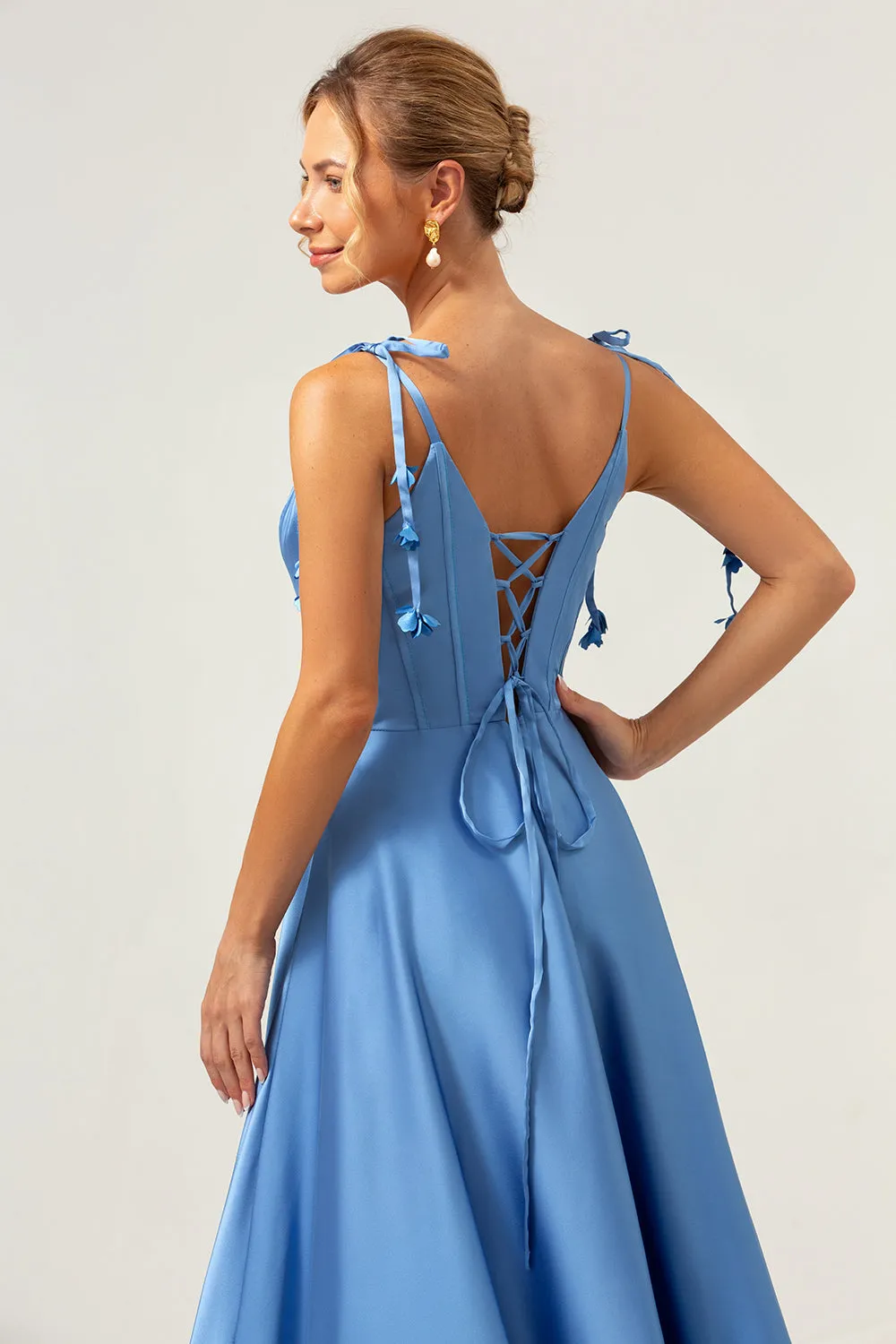 A Line Spaghetti Straps Corset Lace Up Back Long Blue Bridesmaid Dress with Slit sold by Wedtrend product image thumbnail 5