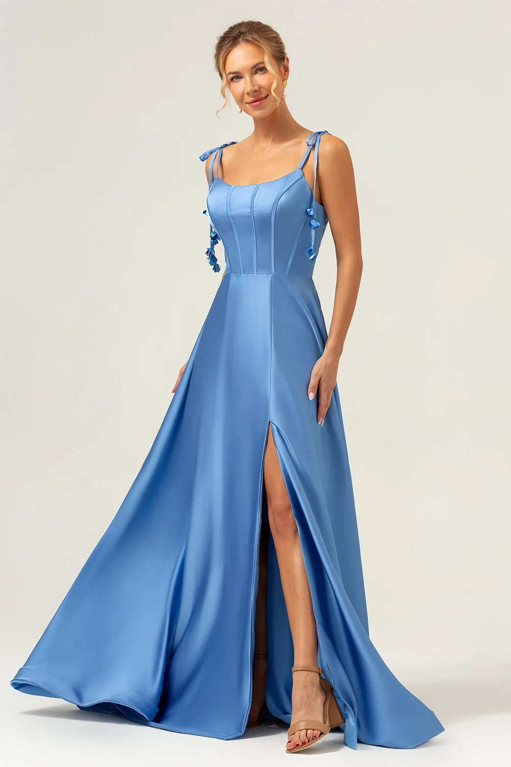 A Line Spaghetti Straps Corset Lace Up Back Long Blue Bridesmaid Dress with Slit sold by Wedtrend product image thumbnail 3