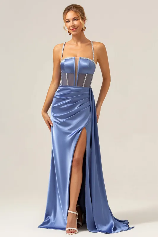 Blue Sheath Spaghetti Straps Sequin Satin Corset Long Prom Dress with Slit made by Wedtrend