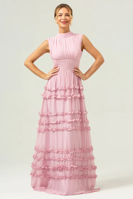 Blush Pink A Line High Neck Ruched Tiered Long Bridesmaid Dress with Lace Up Back made by Wedtrend